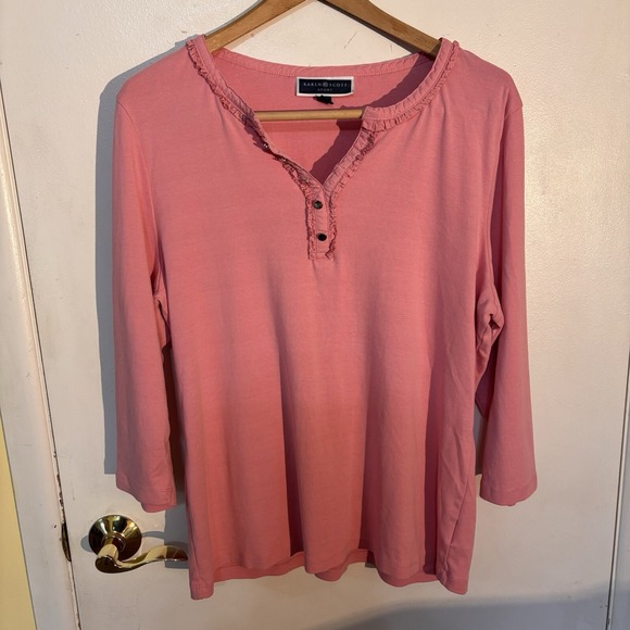 Karen Scott Sweaters - Karen Scott Sport Women XXL Pink 3/4 Sleeve Pullover V-Neck With Ruffles